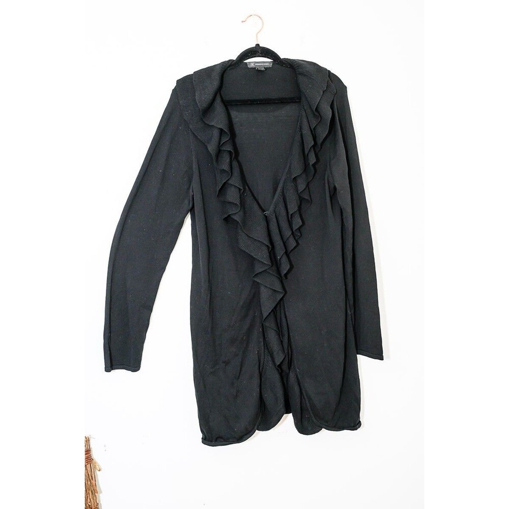 INC International Concepts Sweater XL Long Ruffle Cotton Silk Cardigan Black